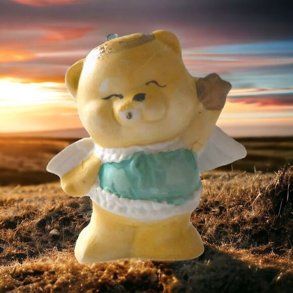 Vintage Ceramic Teddy Bear Ornament Handpainted 1980s Guardian Angel Wings - Picture 14 of 16